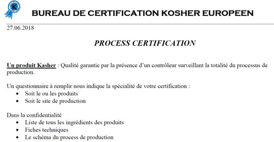 Process de certification Kosher
