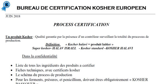 Process de certification Kosher Lait et Fromages